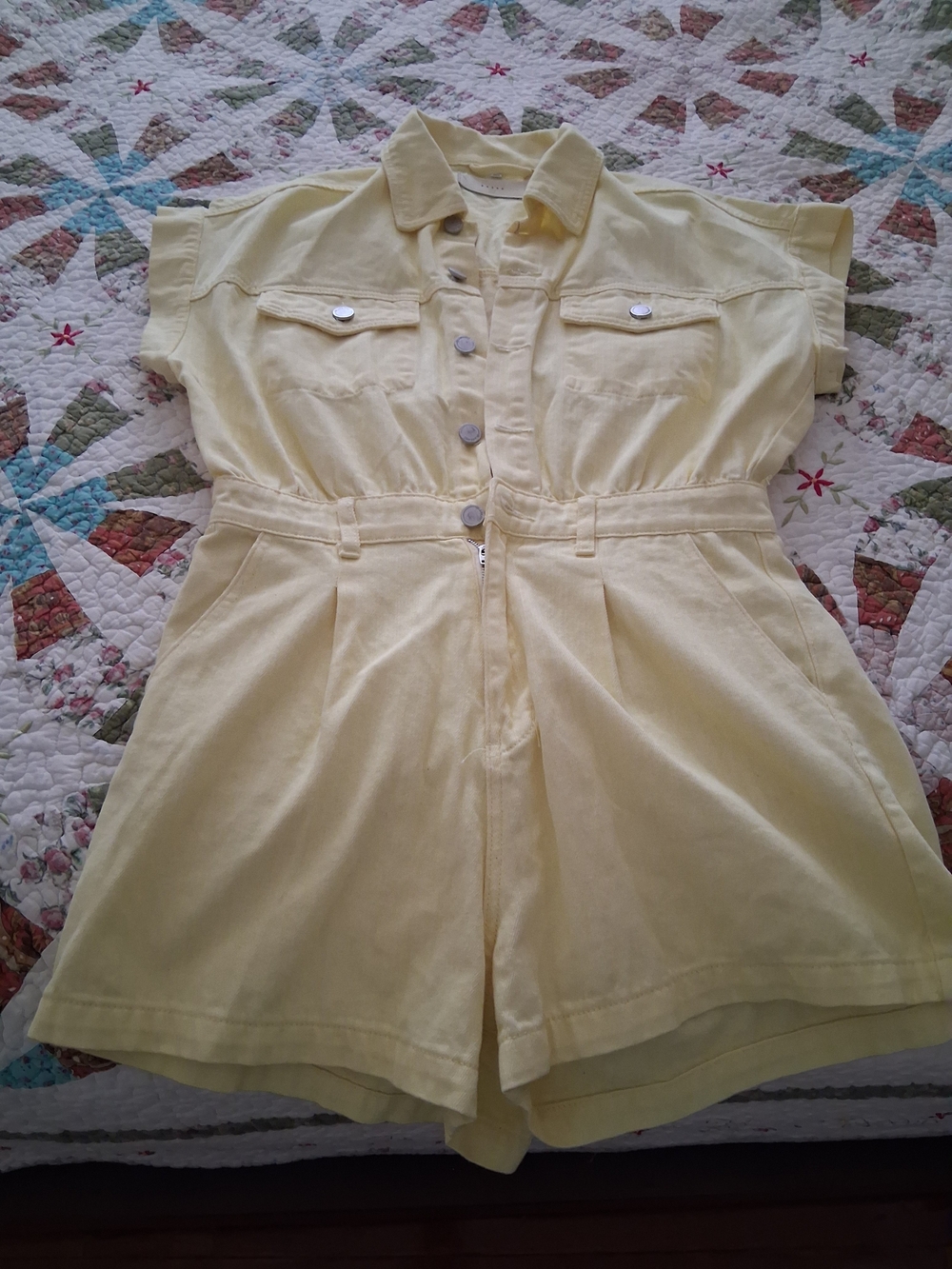 Blank NYC Pale Yellow Short-Sleeve Denim Romper